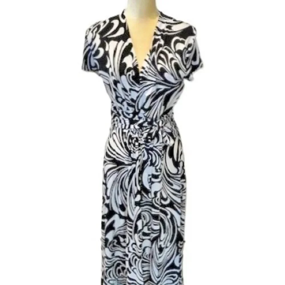 MICHAEL KORS Black & White Abstract Print V-Neck Hi/Lo Hem Maxi Dress Size-2 NWT - Picture 11 of 12
